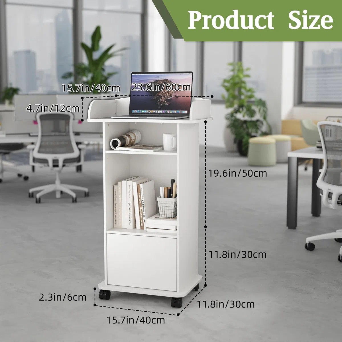 Turosur Pupitre en bois blanc avec étagère de rangement - Support de pupitre mobile avec roulettes