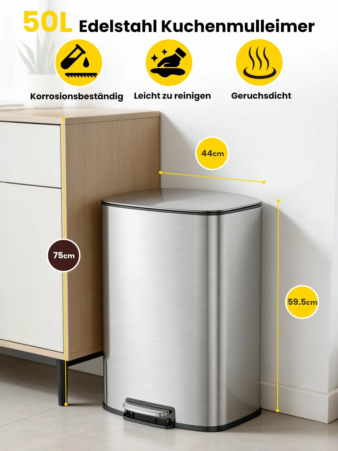YEAUPE PRO Poubelle Cuisine 50L Inox Pédale Soft Close Silencieux Bac Amovible Anti-Odeurs