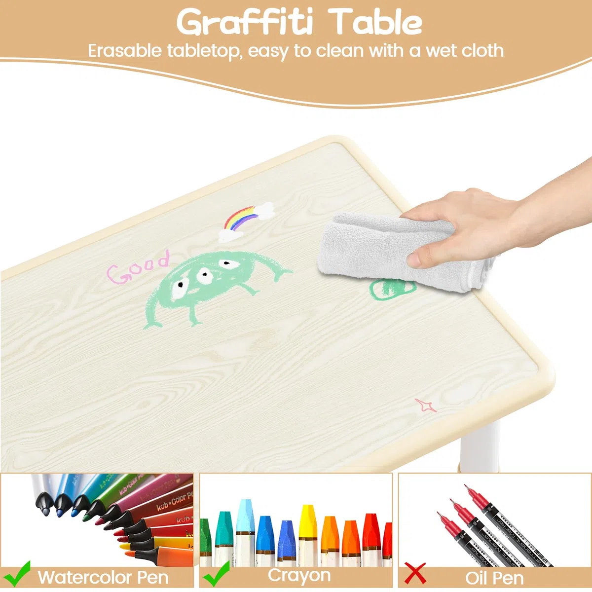 Table Enfant avec 4 Chaises, Ensembles de Table et Chaise Enfant pour Maternelle Creche,Réglables en Hauteur,avec Plateau Graffité et Coussin Anti-dérapant—Couleur Bois