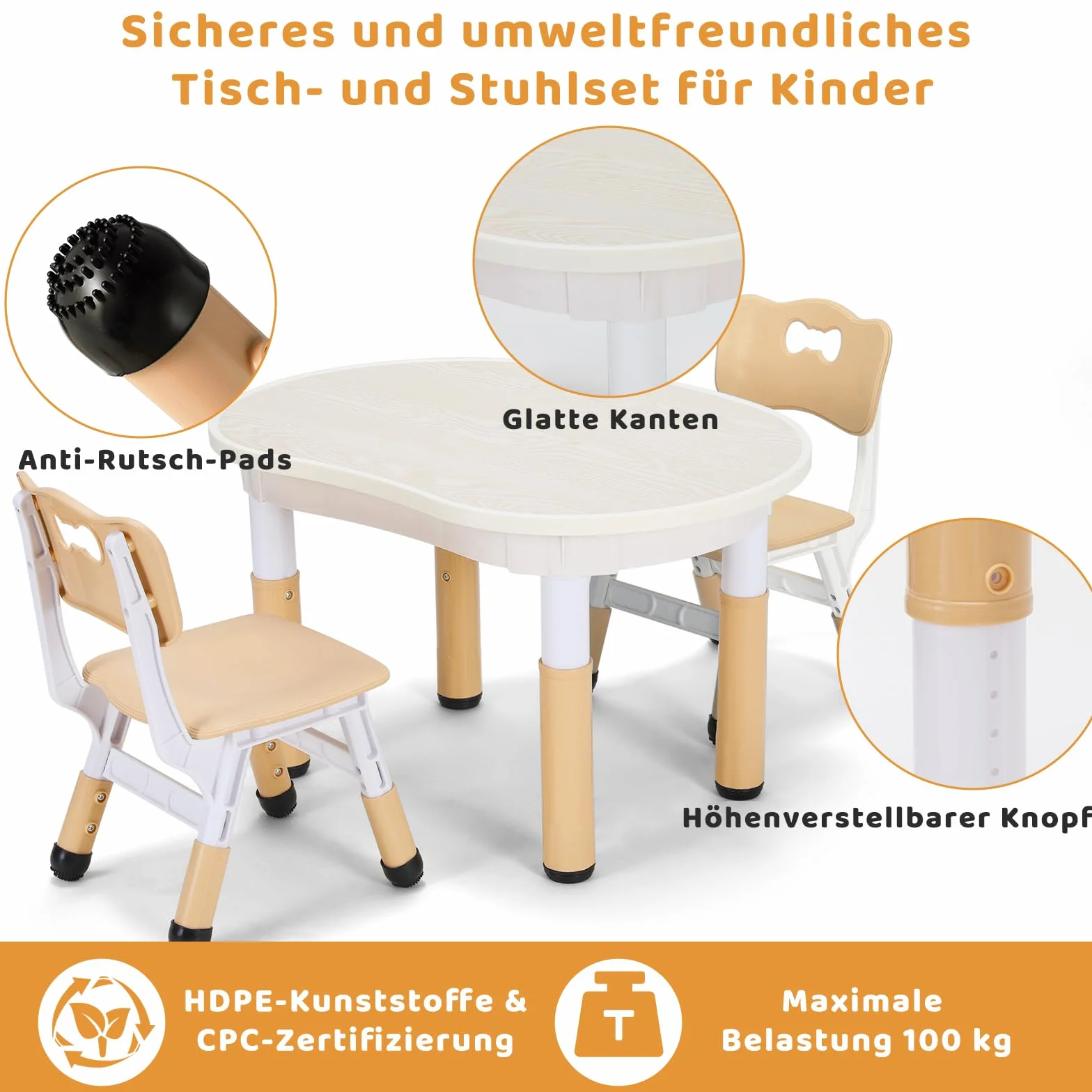 MAMIZO Table pour Enfant Réglable en Hauteur avec 2 Chaises - Forme de Cacahuète en Plastique - pour Maison, Garderie, Jardin d'enfants - Jaune