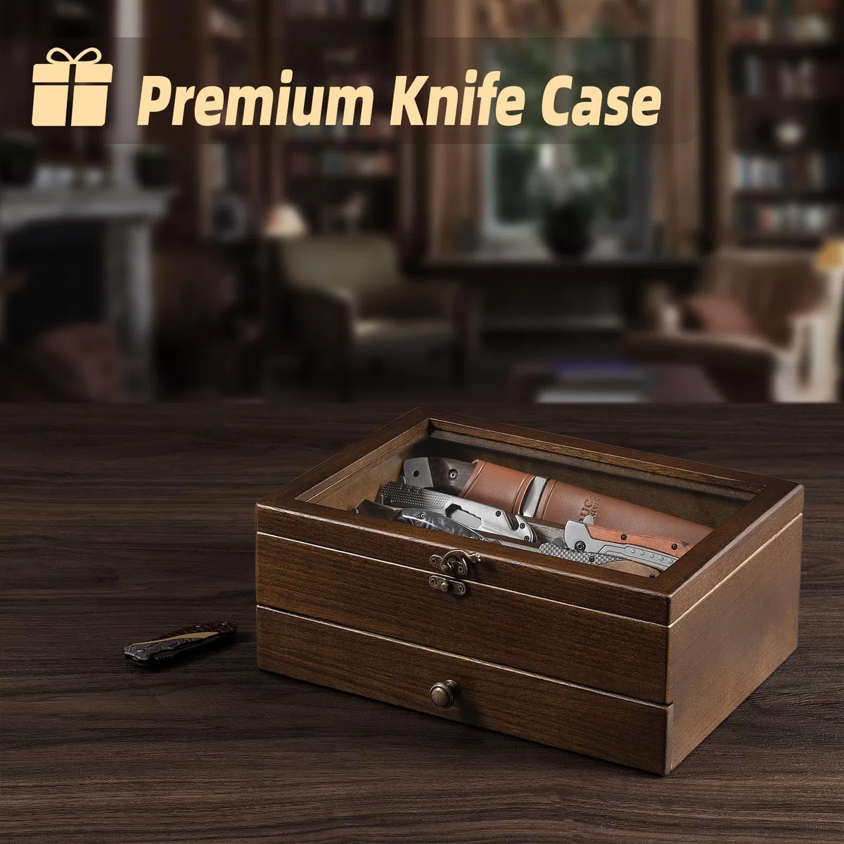 2 Étages Présentoir à Couteaux, Grande Vitrine à Couteaux pour Plusieurs Couteaux Pliants, Coffret Poignard en Bois avec Tiroir et Vitre Haute Définition, pour Collections, Cadeau (Noyer)