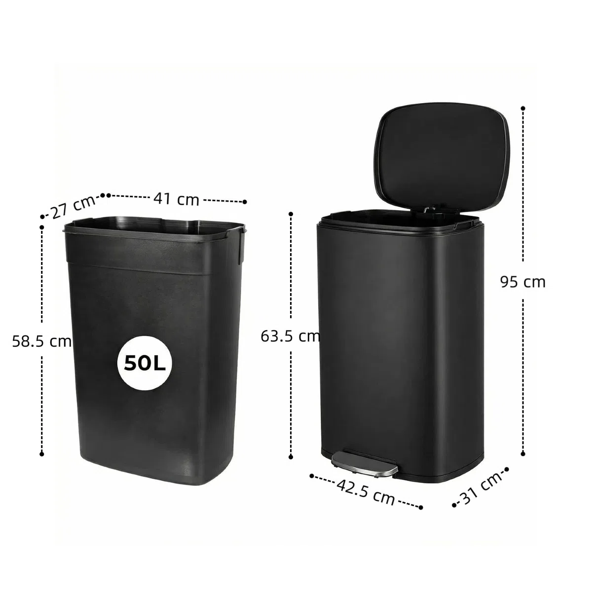 LIFERUN Poubelle Cuisine 50 Litres, Poubelle à Pédale en Acier Métal avec Couvercle, Seaux Intérieurs Amovible Fermeture en Douceur, pour Salle de Bain, Salon, Bureau, Noir