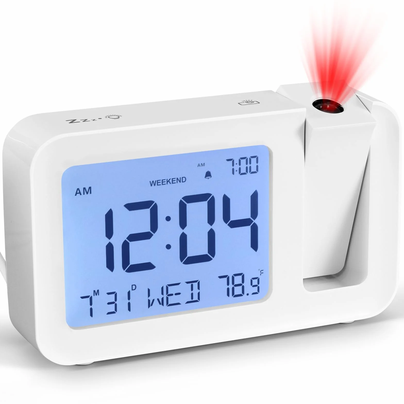 ALLOMN Réveil avec Projection Numérique, Température et Date, 4 Luminosité, Snooze 9 min, 12/24h, Mode Week-end