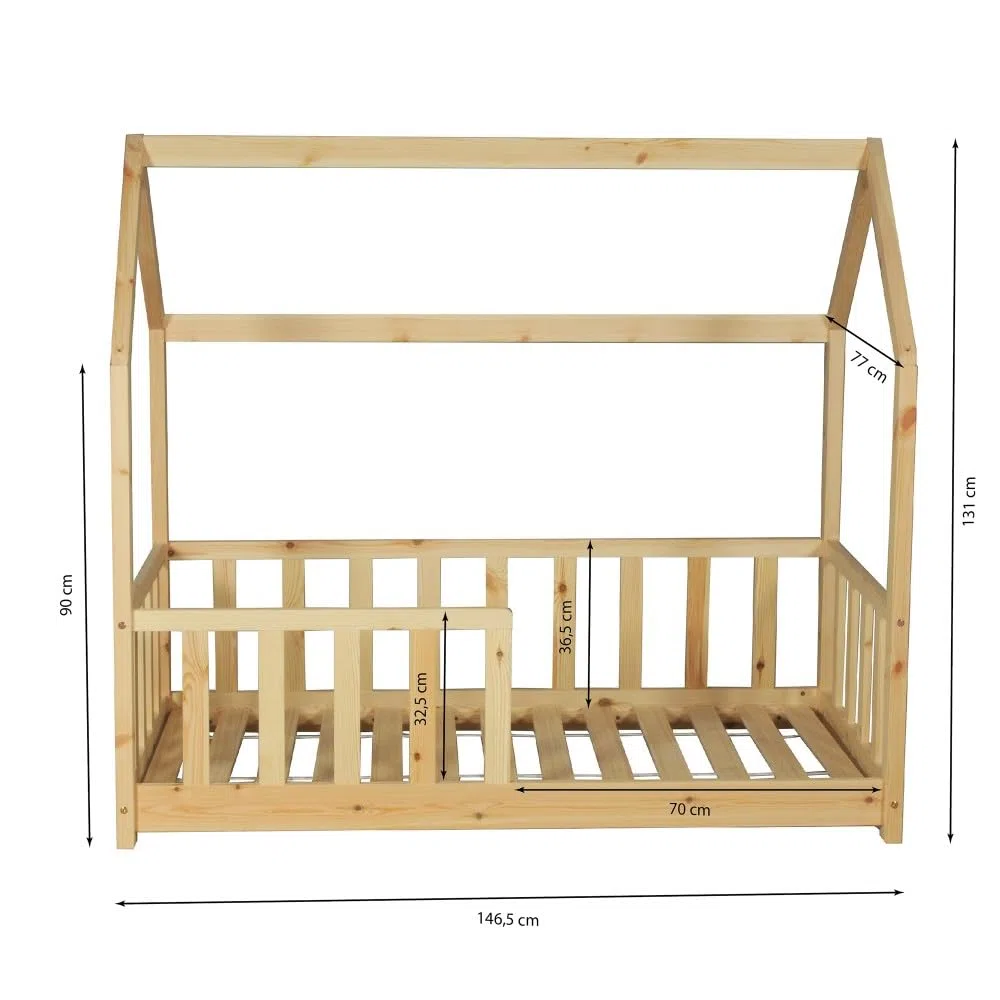 WEBER INDUSTRIES Lit cabane Kiwi 70x140 + 1 sommier + barrière/Bois Clair | 1 sommier inclus, Barrière incluse