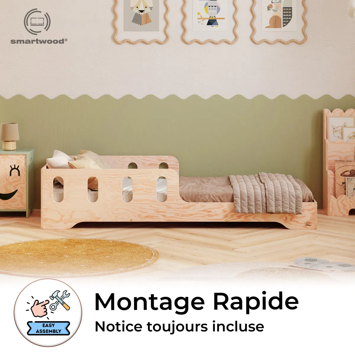 smartwood Lit Enfant 70x140 cm Lit Montessori au Sol - Bois Certifié FSC avec Barrière et Sommier à Lattes Jusqu’à 230 kg - Montage Facile - pour Garçon et Fille - Tila 6