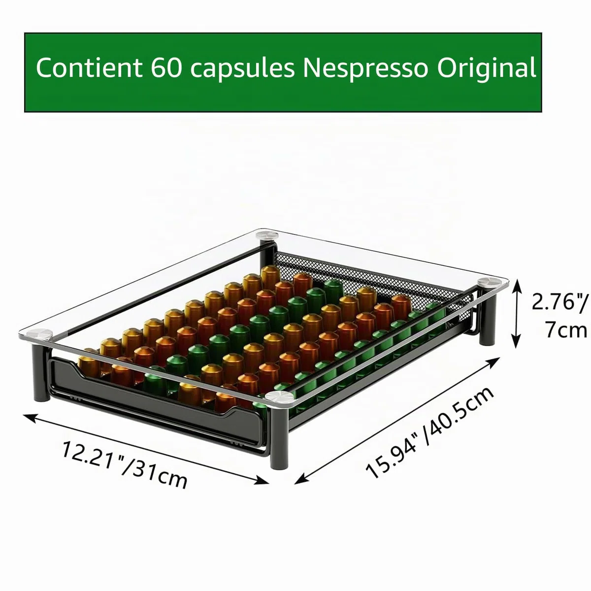 SEVENLINE Tiroir de Rangement pour Capsules de Café en Verre Trempé Cristal Compatible avec les Capsules Nespresso OriginalLine Support pour 60 Dosettes Original Line Organisateur de Cuisine