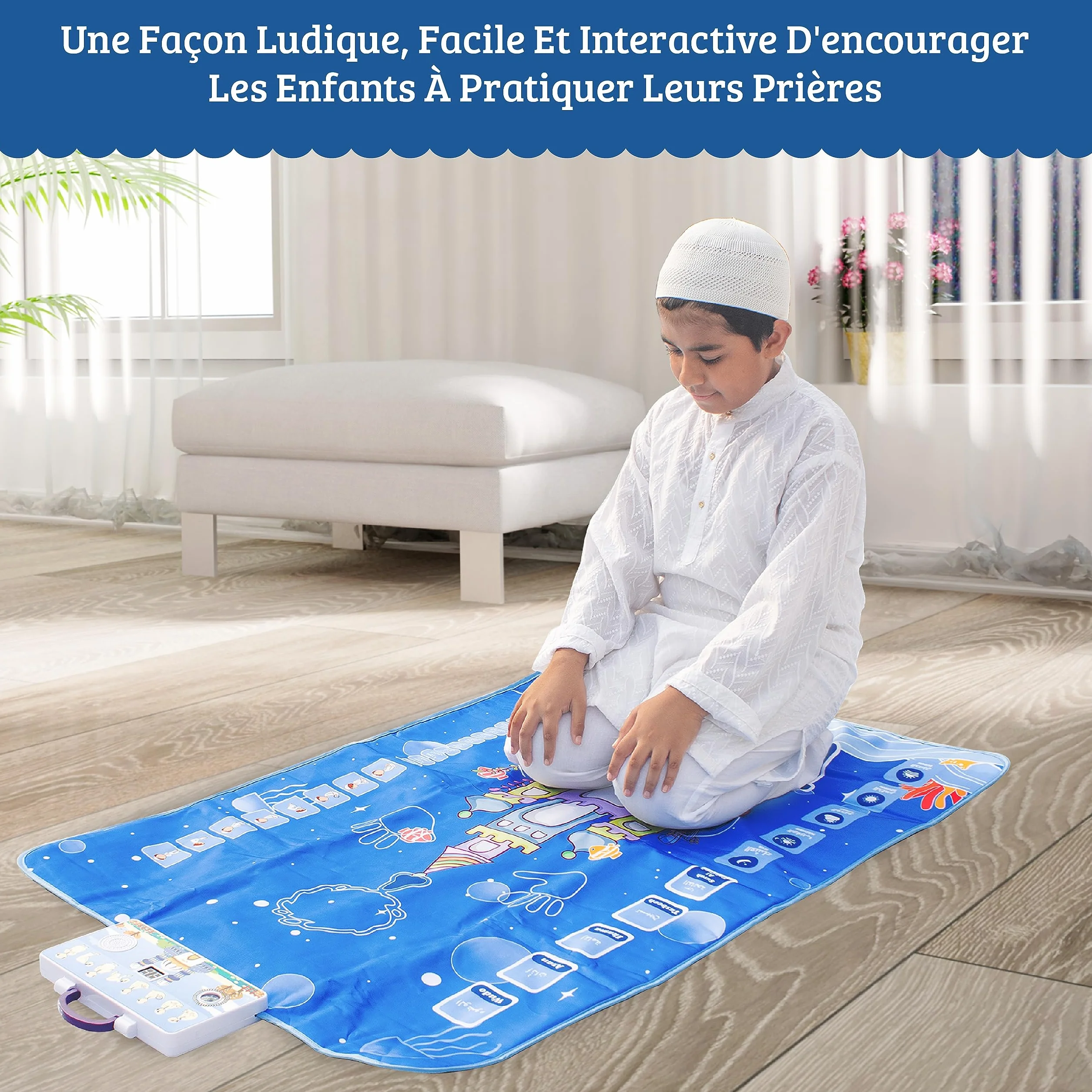 Tapis de Prière Musulman Électronique Interactif pour Enfant avec Récitation de Sourates du Coran et Doua - Chapelet Tasbih Inclus