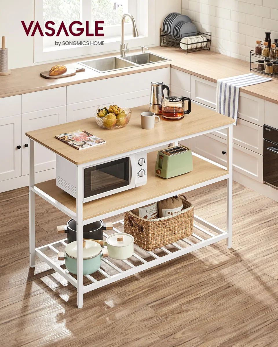 VASAGLE Îlot de Cuisine avec Grand Plan de Travail, Étagère de Cuisine à 3 Niveaux, Cadre en Acier, 60 x 120 x 90 cm, Style Moderne, Montage Facile, Couleur Chêne et Blanc KKI001W09