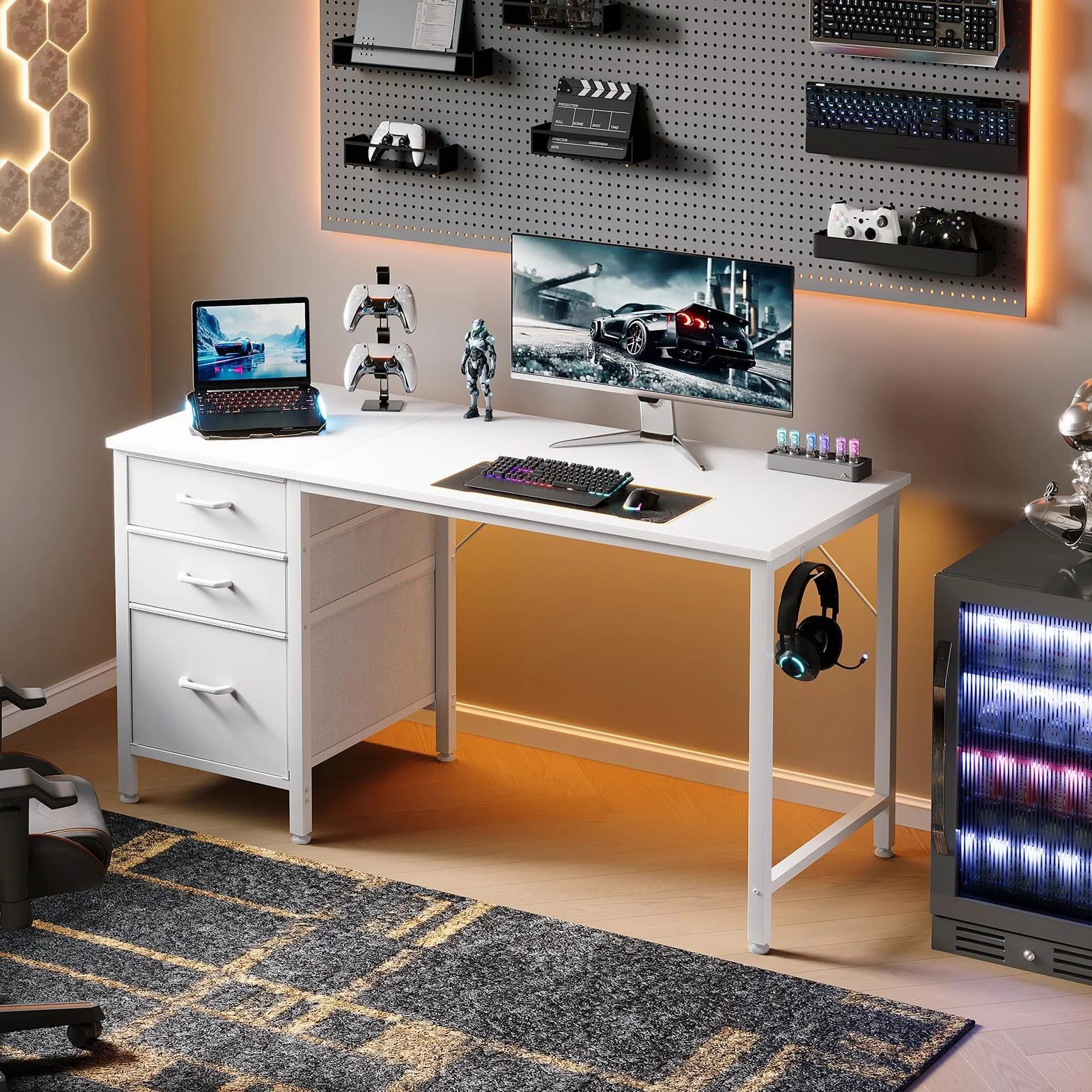 Coleshome Bureau avec 3 Tiroirs en Tissu, 120x48cm Bureaux Informatique avec Porte-Casque, Blanc Bureau D'ordinateur Réversible pour Petit Bureaux à Domicile