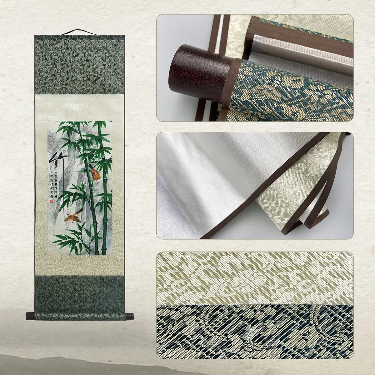 Peinture en Soie Décoration Murale Asiatique Défilement ​Peinture 4 Fleurs D'hommes Justes - Prune Orchidée Bambou Chrysanthème - Bambou Art Chinois à Suspendre Décoration Orientale (94 x 30cm)