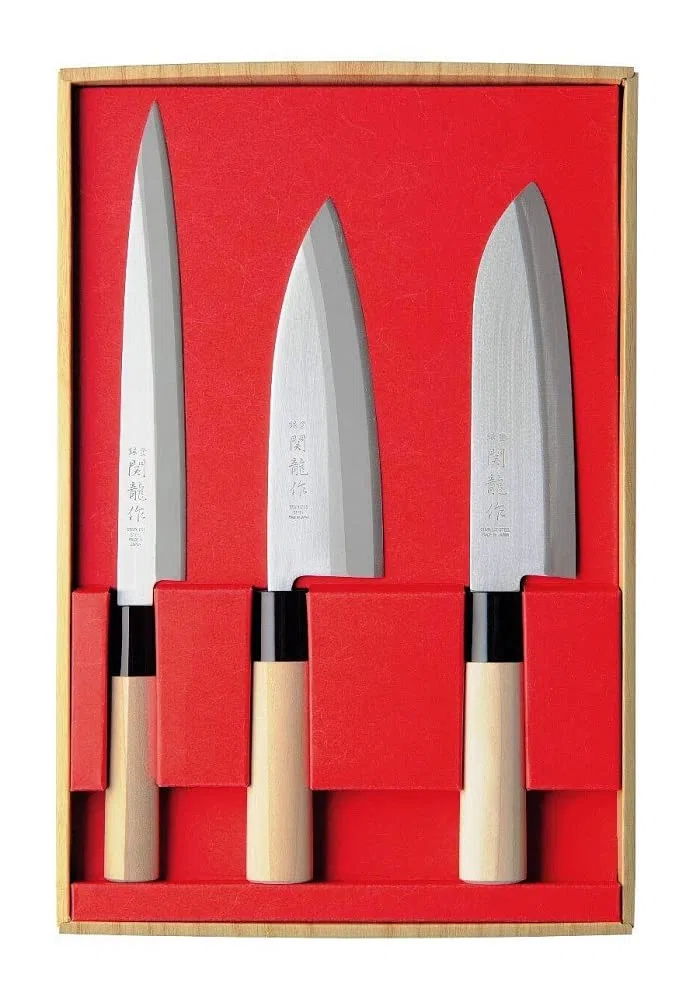 SekiRyu Set de 3 Couteaux Japonais SR801 - Sashimi, Santoku et Deba - Lame en Acier Inoxydable
