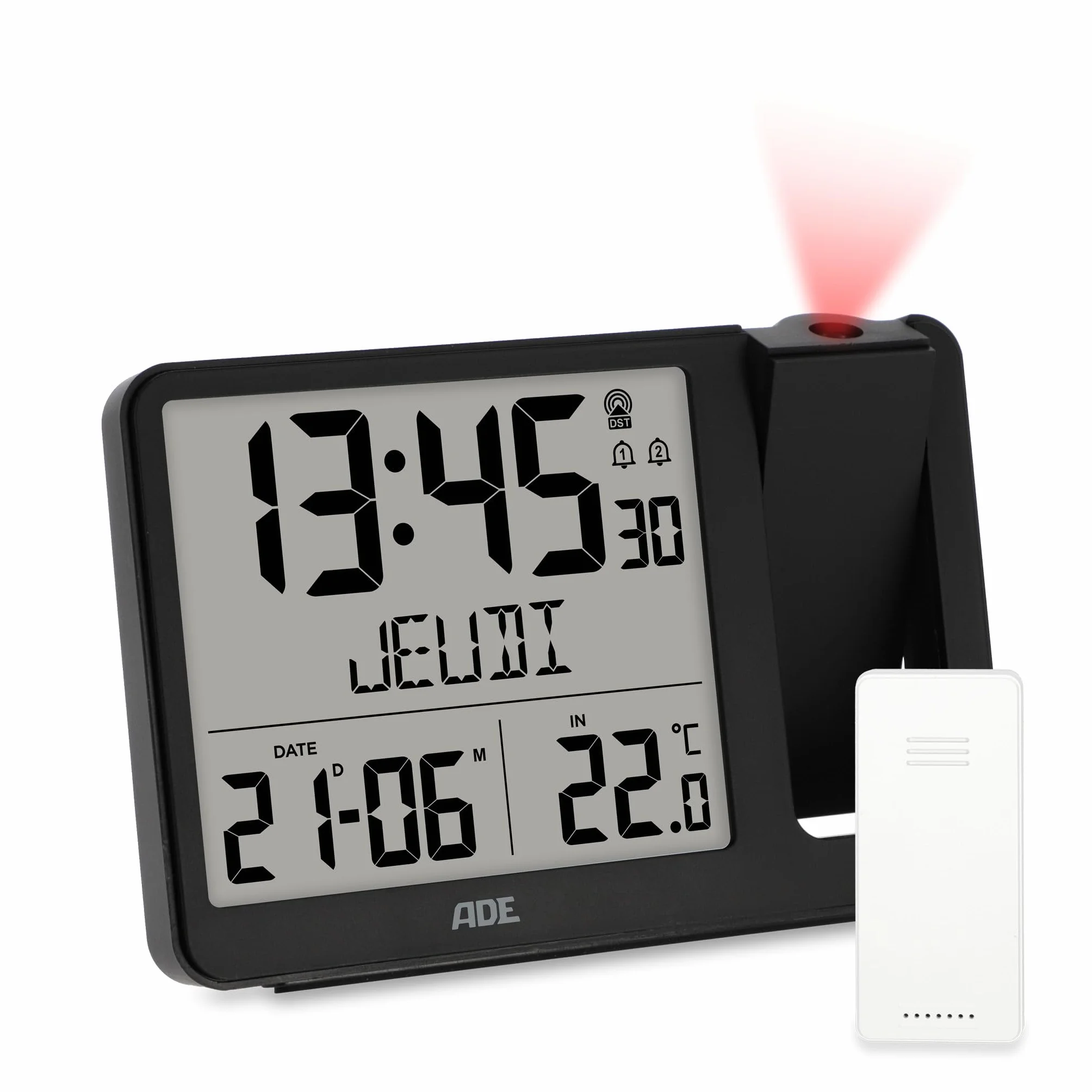 ADE Réveil Radio piloté Horloge numérique avec capteur extérieur Affichage température Date Jour Semaine Noir