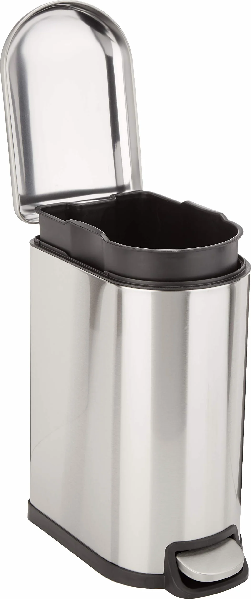 Amazon Basics Poubelle en forme de D antitache à pédale, fermeture en douceur, pour salle de bain, chambre ou salon, forme fine pour espace étroit, 10 l, acier inoxydable brossé