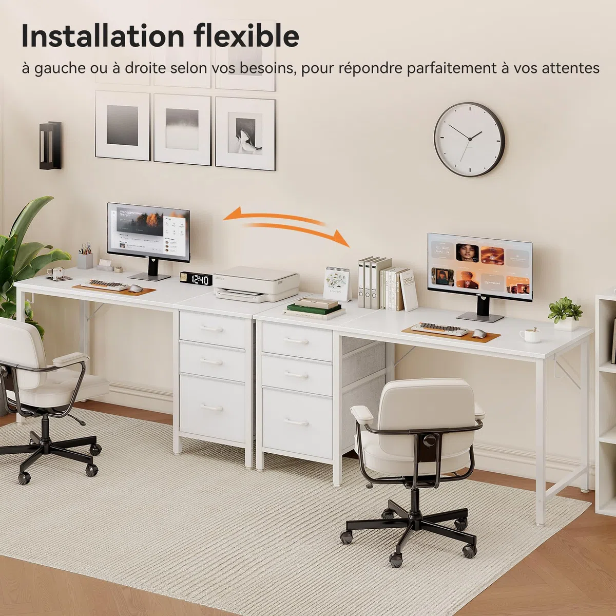 Coleshome Bureau avec 3 Tiroirs en Tissu, 120x48cm Bureaux Informatique avec Porte-Casque, Blanc Bureau D'ordinateur Réversible pour Petit Bureaux à Domicile
