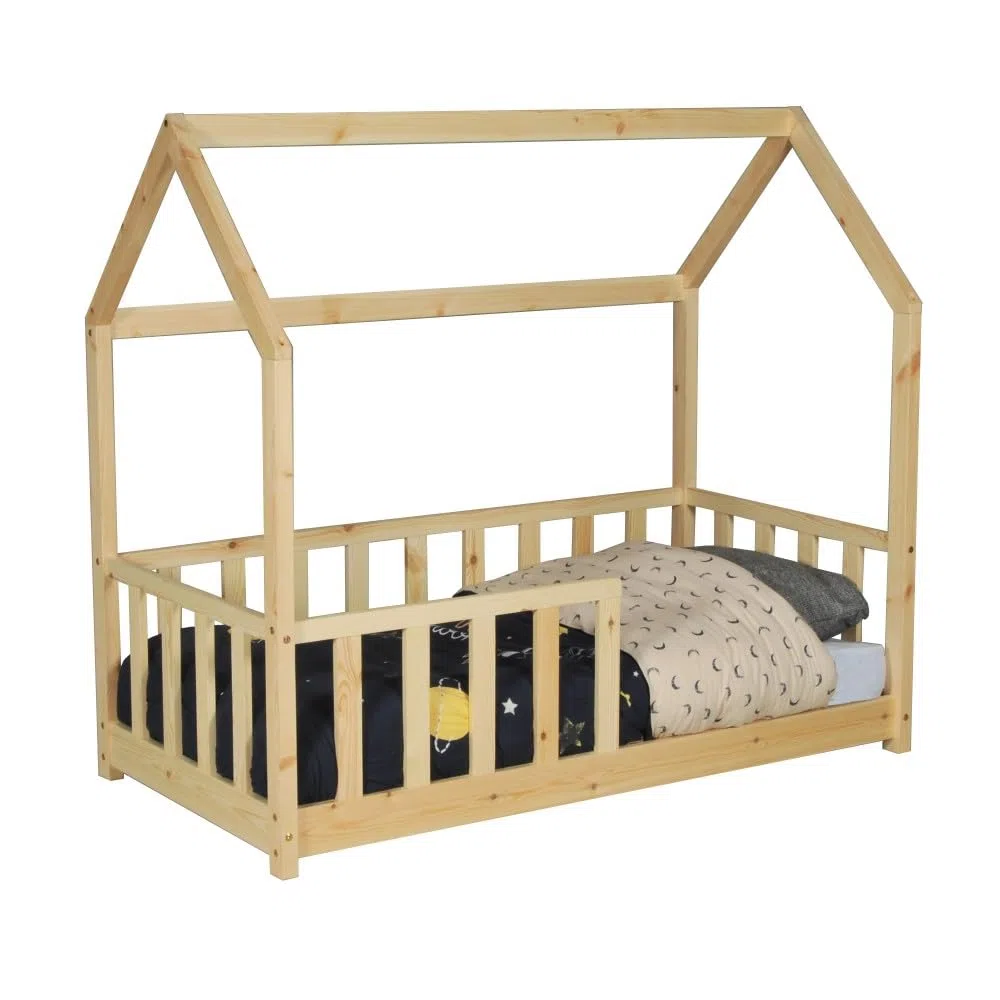 WEBER INDUSTRIES Lit cabane Kiwi 70x140 + 1 sommier + barrière/Bois Clair | 1 sommier inclus, Barrière incluse