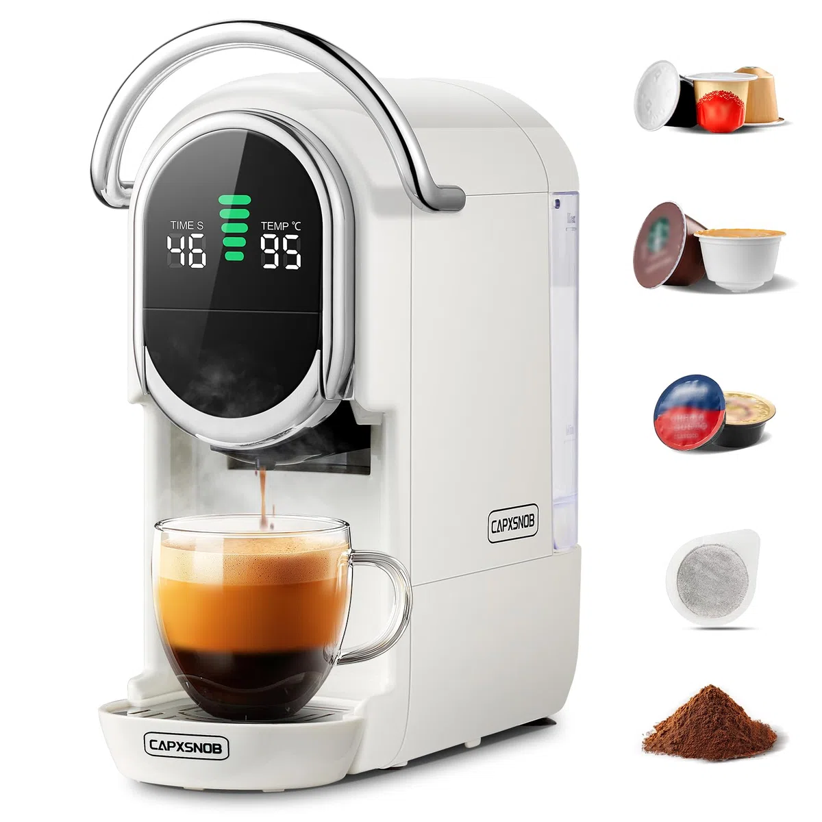 Magician1 Machine à café Capsules pour Nespresso, Dolce Gusto, Lavazza A Modo Mio, Dosettes ESE 44mm et Café Moulu, Température et Taille Tasse Réglable, 20Bar, Cafetière Chaud ou Froid (Blanc)