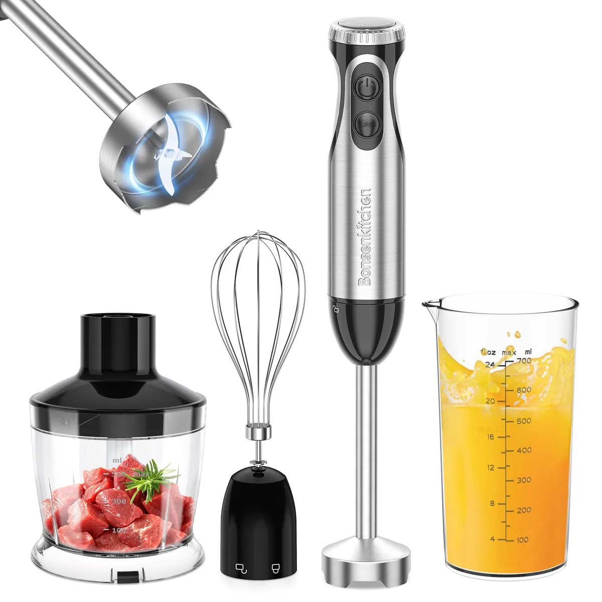 Bonsenkitchen Mixeur Plongeant, 4-en-1 Mixeur Plongeur Multifonction 1000W, 20 Vitesse Réglable, avec Fouet, Hachoir de 500ml et Verre Doseur 700 ml, Robot de Cuisine (HB3203)