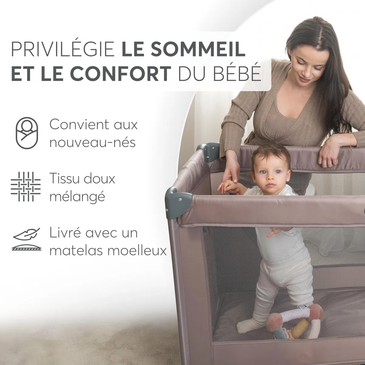 KikkaBoo Lit Parapluie Bébé Pliable Compact So Gifted, Lit de Voyage Léger 120x60 cm, Jusqu’à 15 kg, sans Matelas, Sac de Transport Inclus, Beige Foncé, Cot