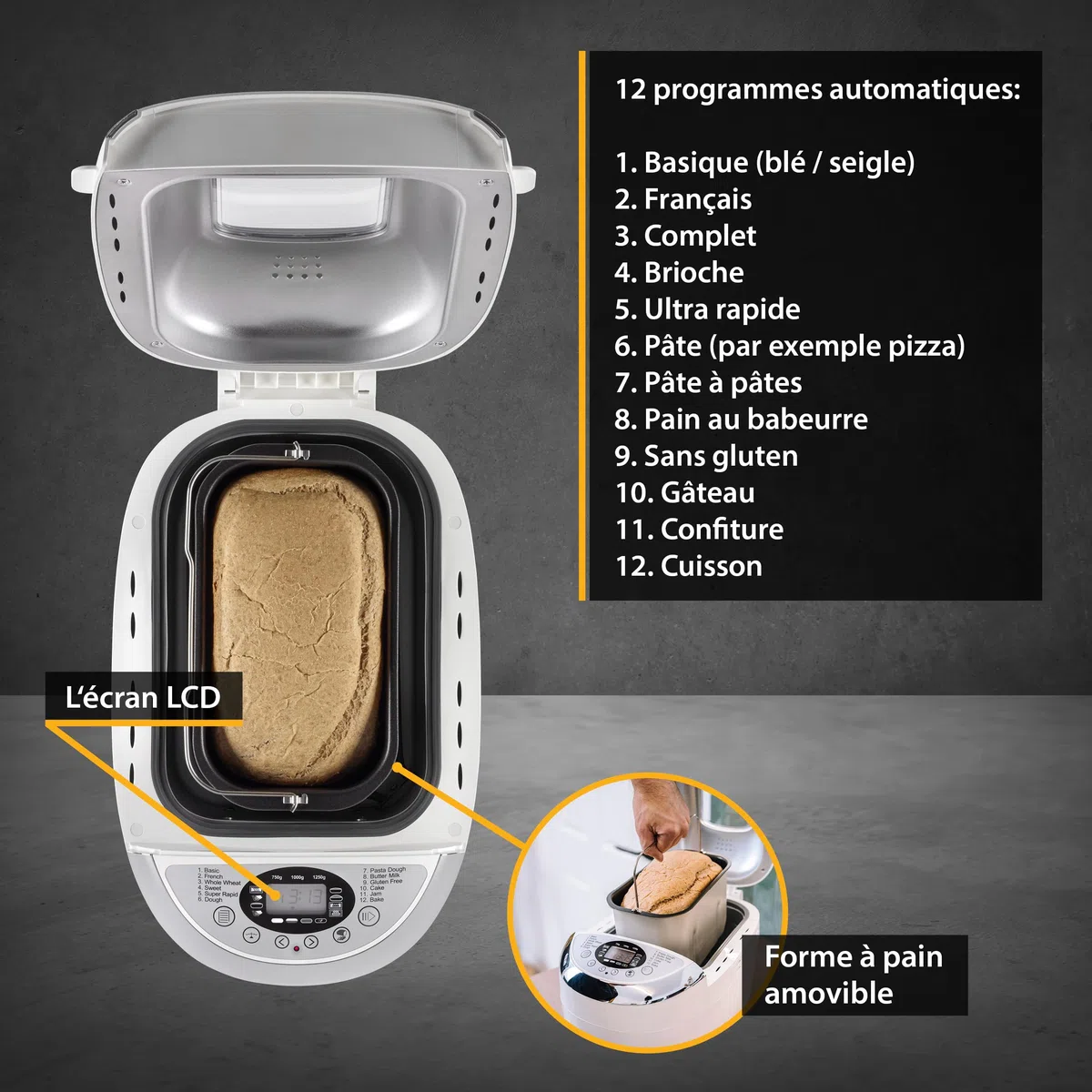 TZS First Austria - Machine à pain avec 12 programmes automatiques 850W - Pétrin électrique de 700-1250g - Avec hublot, minuterie, accessoires et fonction de maintien au chaud - Blanc