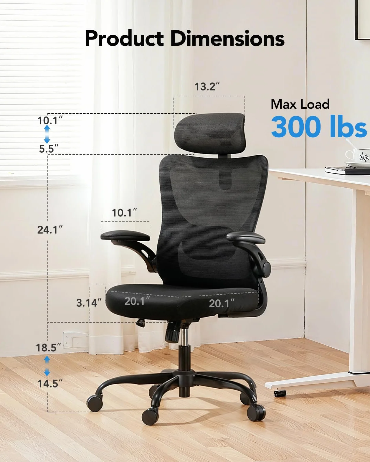 HUANUO Chaise Ergonomique, Chaise de Bureau PC avec Soutien Lombaire et Appui-tête Réglable, Fauteuil de Bureau Confortable avec Accoudoirs 3D, Chaise de Bureau Ergonomique, Charge Max 136 kg
