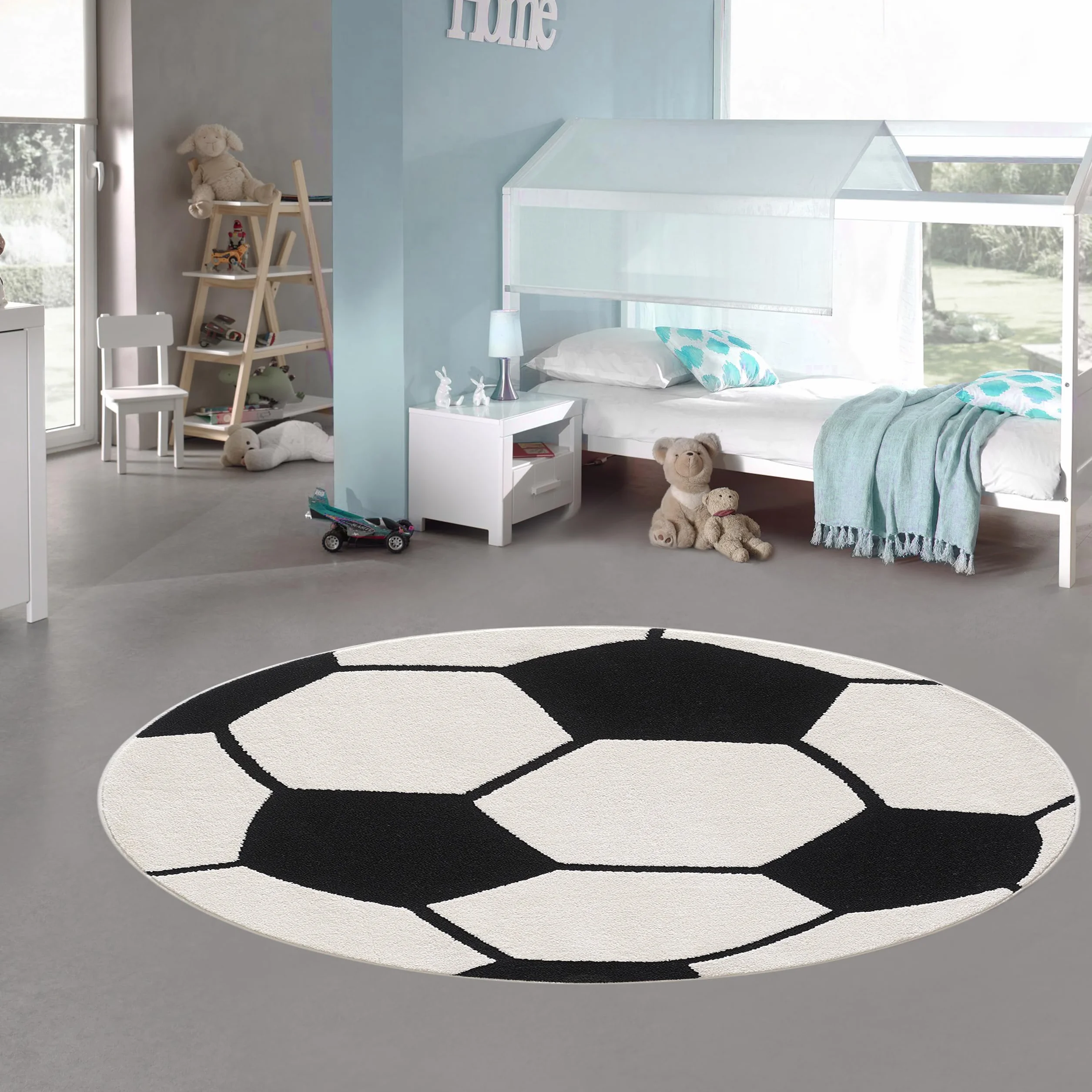 Tapis Enfant Rond Football Effet 3D 200 cm Noir Blanc