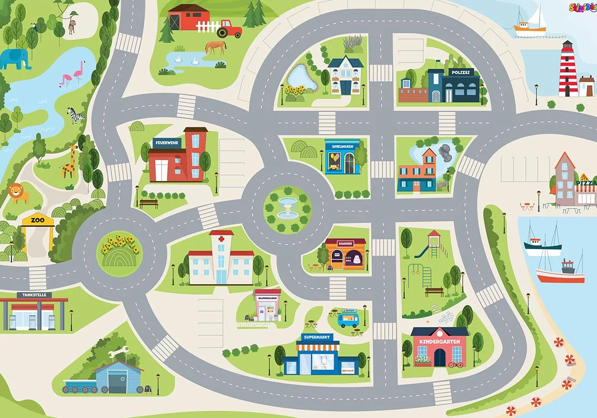 Tapis de Route Cute City pour Enfant – Tapis de Jeu avec Dos Antidérapant, Couleurs Vives, 200 x 140 cm