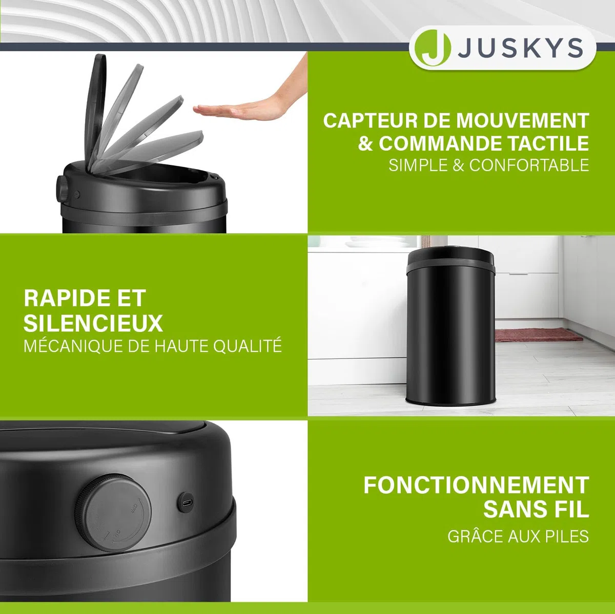 Juskys poubelle automatique avec capteur de 30 L - poubelle électrique, détecteur de mouvement, couvercle automatique, étanche, bague de serrage, cuisine - noir