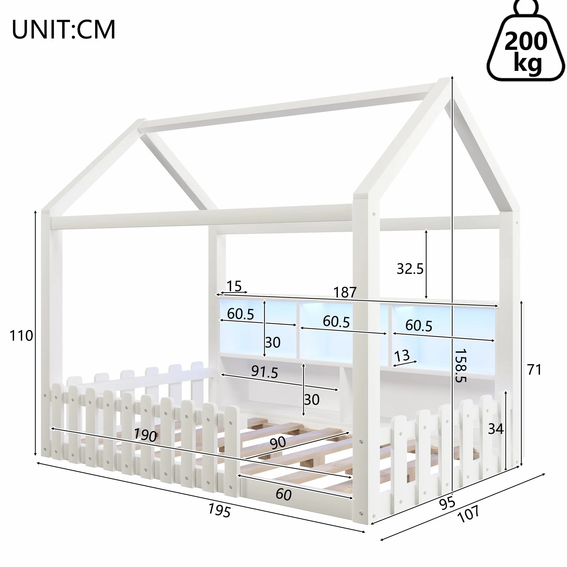 Lit cabane Enfants 90x190 cm avec LED,lit Enfant avec Barriere,lit Enfant cabane lit au Sol Enfant,Compartiments de Rangement Ouverts, Design Maison,Bande de Maison,Bois de pin,Blanc