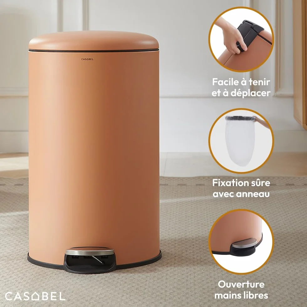 Poubelle Cuisine 30 L Acier Inox Anti-Traces avec Pédale Ronde Terracotta