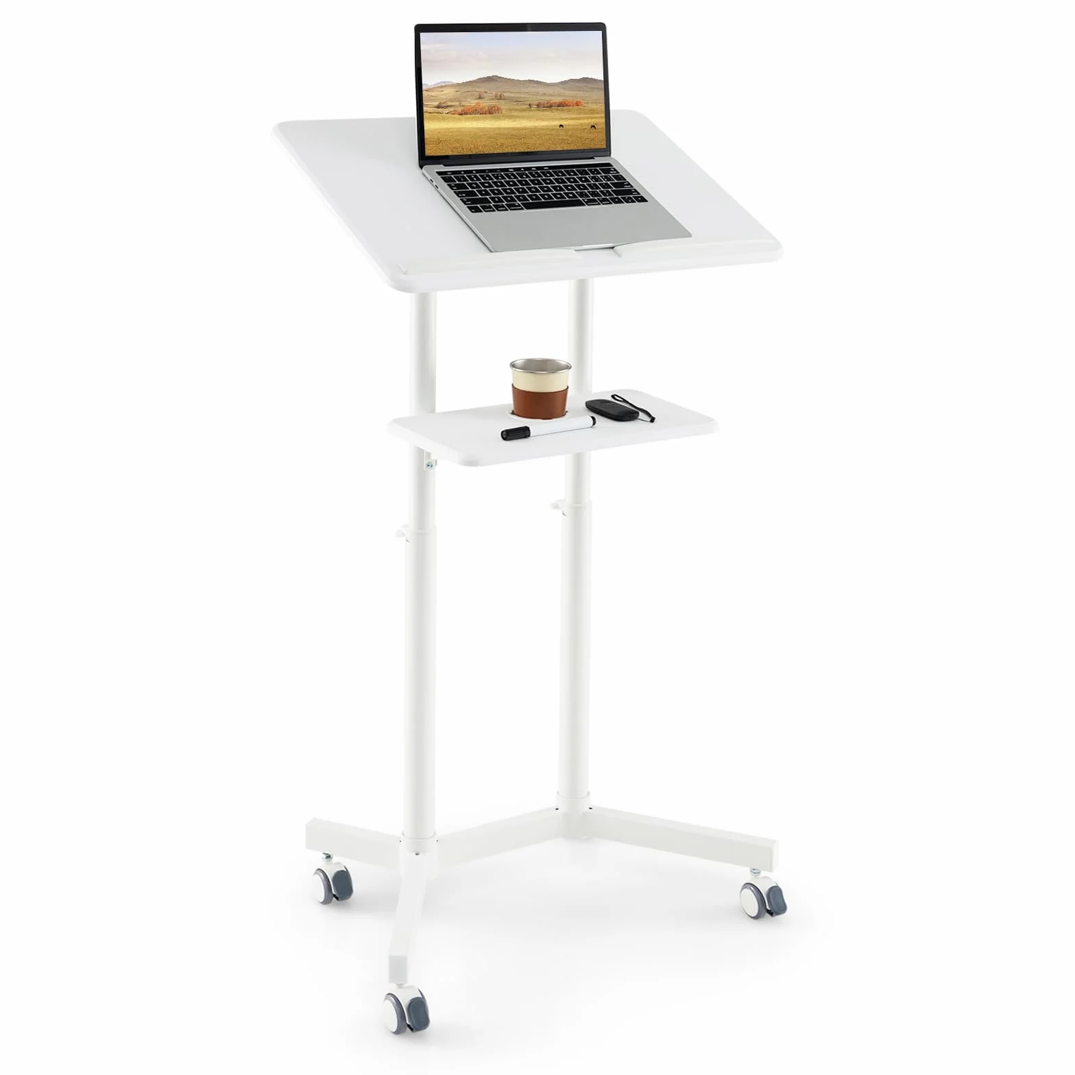 GIANTEX Pupitre de Conférence Mobile 105-128 cm, Table Ordinateur Debout Roulant avec Étagère de Rangement, Noir