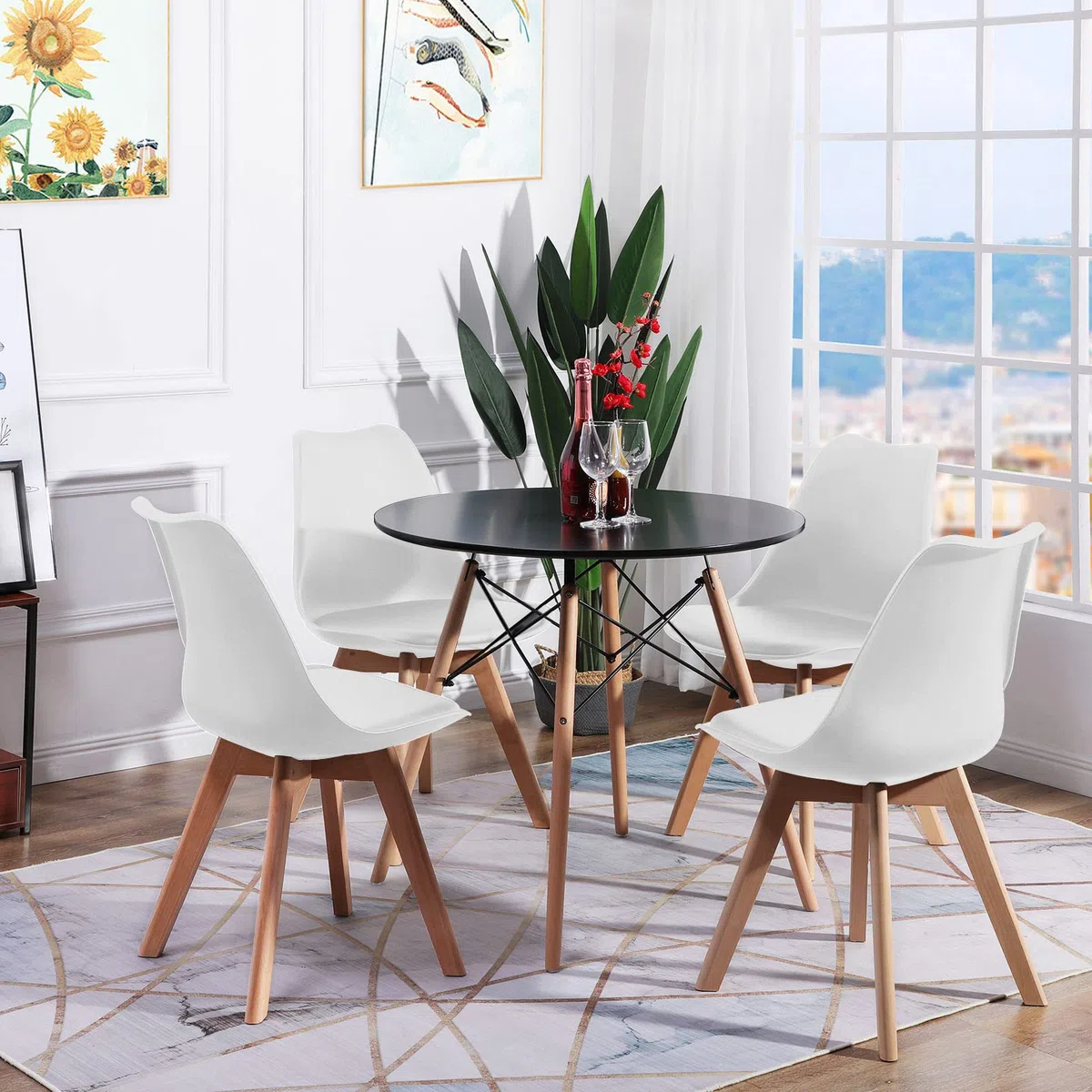 Ensemble de Salle à Manger Ronde avec 4 Chaises pour Salon, Cuisine, Bureau (Table Noire + Chaises Blanches)