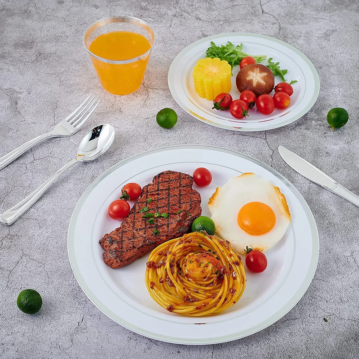 LATERN 150 Pièces Vaisselle en Plastique Argenté Réutilisable, 25 Assiettes Plates, 25 Assiettes à Salade, 25 Couteaux, 25 Fourchettes, 25 Cuillères, 25 Tasses pour Anniversaire Mariage Jardin Fête