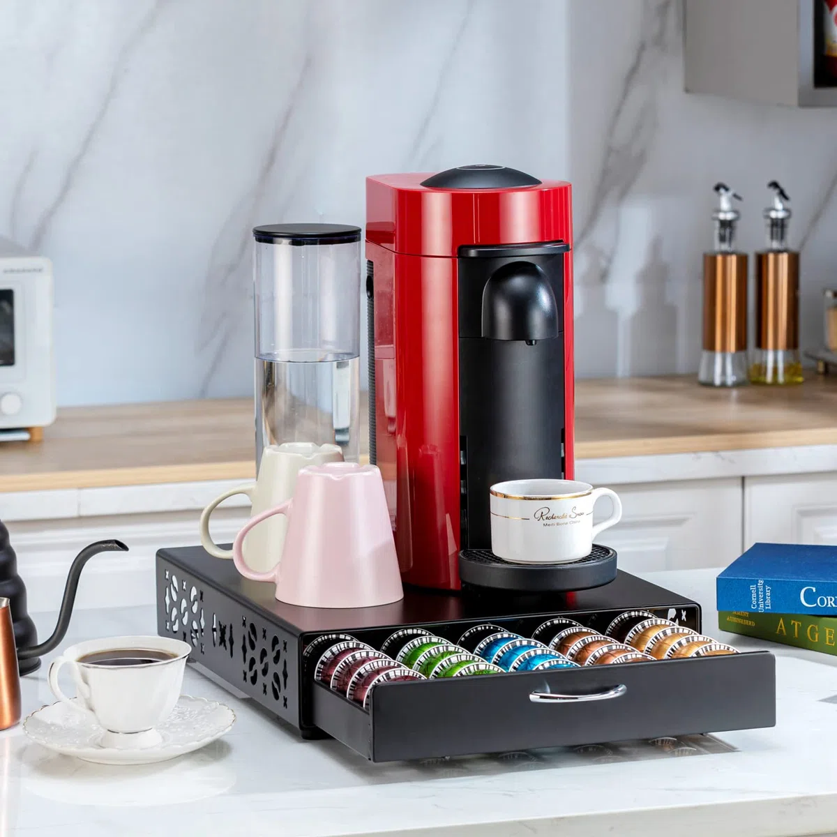 FlagShip Support de capsules pour Nespresso Vertuo - Organiseur de capsules - Design de bar à café et support pour machine à café - Métal noir (capacité de 50 capsules)