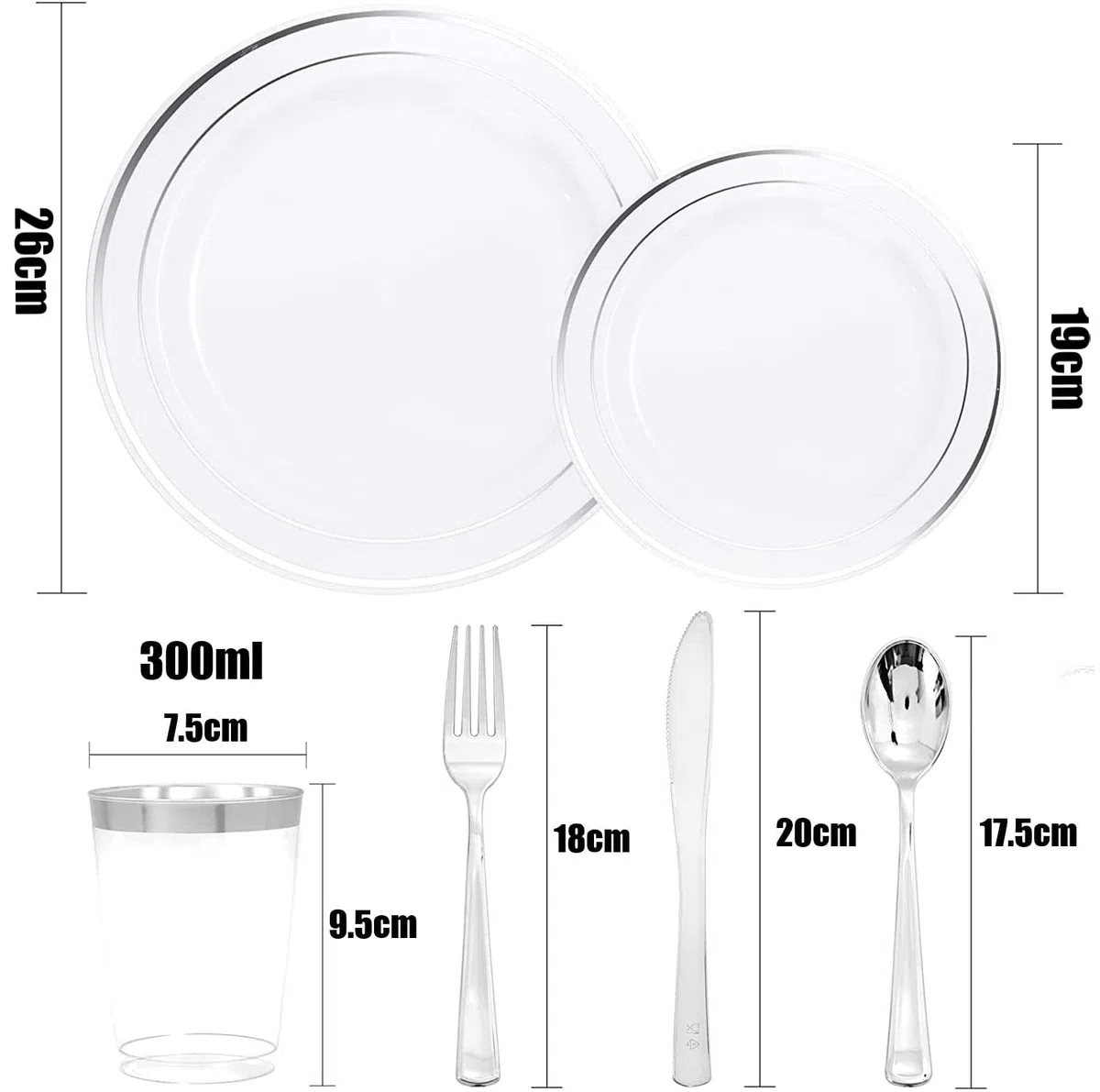 LATERN 150 Pièces Vaisselle en Plastique Argenté Réutilisable, 25 Assiettes Plates, 25 Assiettes à Salade, 25 Couteaux, 25 Fourchettes, 25 Cuillères, 25 Tasses pour Anniversaire Mariage Jardin Fête