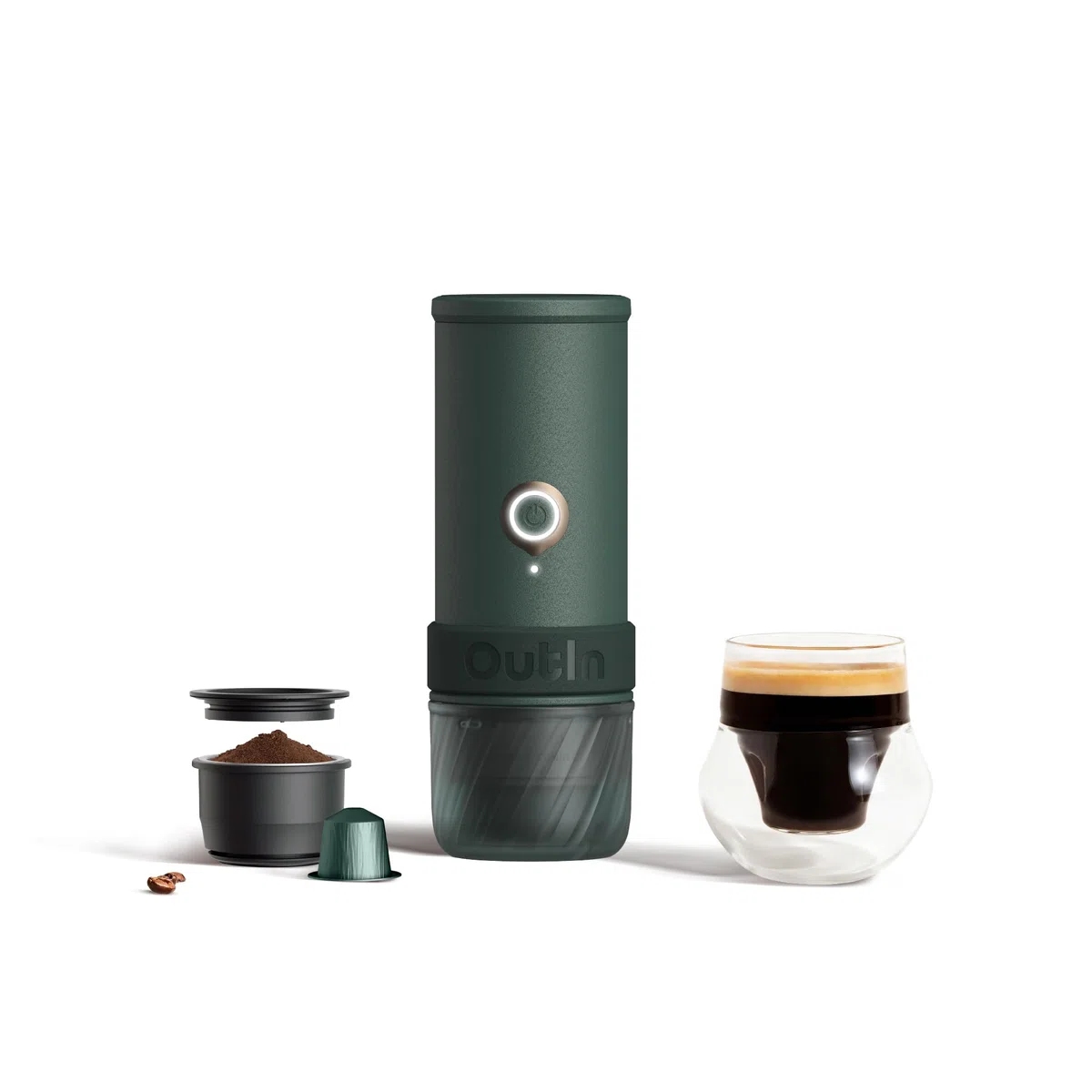 OutIn Mino Machine à Expresso Électrique Portable, Mini Cafetière de Camping de Voyage, Machine à Café Format Poche Auto-Chauffante, Compatible Café Moulu & Adaptateur Capsule NS pour Aventure