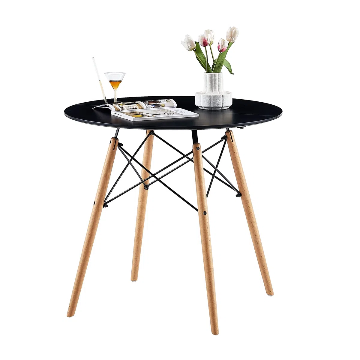 Ensemble de Salle à Manger Ronde avec 4 Chaises pour Salon, Cuisine, Bureau (Table Noire + Chaises Blanches)