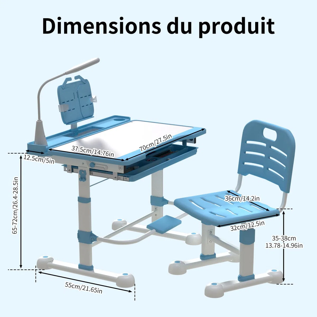 YLGJ&TIDY Ensemble de Table et de Chaises pour Enfants avec Lampe LED de Protection des Yeux, Bureau Enfant, Hauteur Réglable, Plateau Inclinable, Tiroir Multifonctions, Porte-Gobelet, Bleue