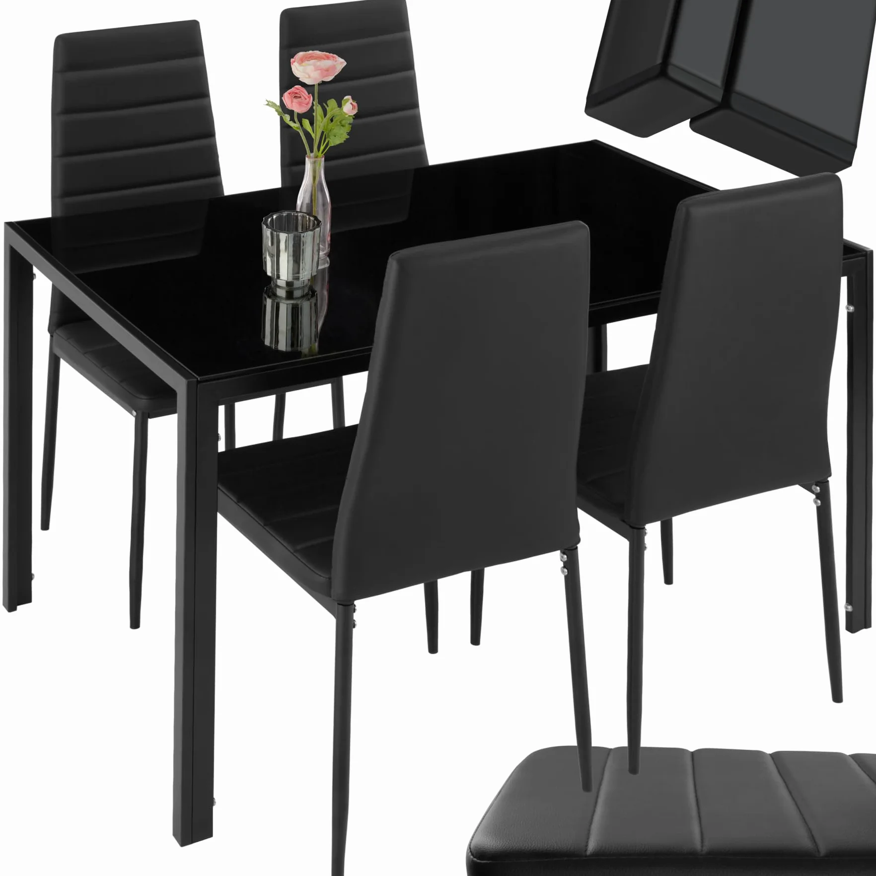 tectake Ensemble Table Salle à Manger avec 4 Chaises Design, Chaise Confortable en Cuir synthtétique, Table rectangulaire Robuste avec Plateau en Verre trempé - Noir
