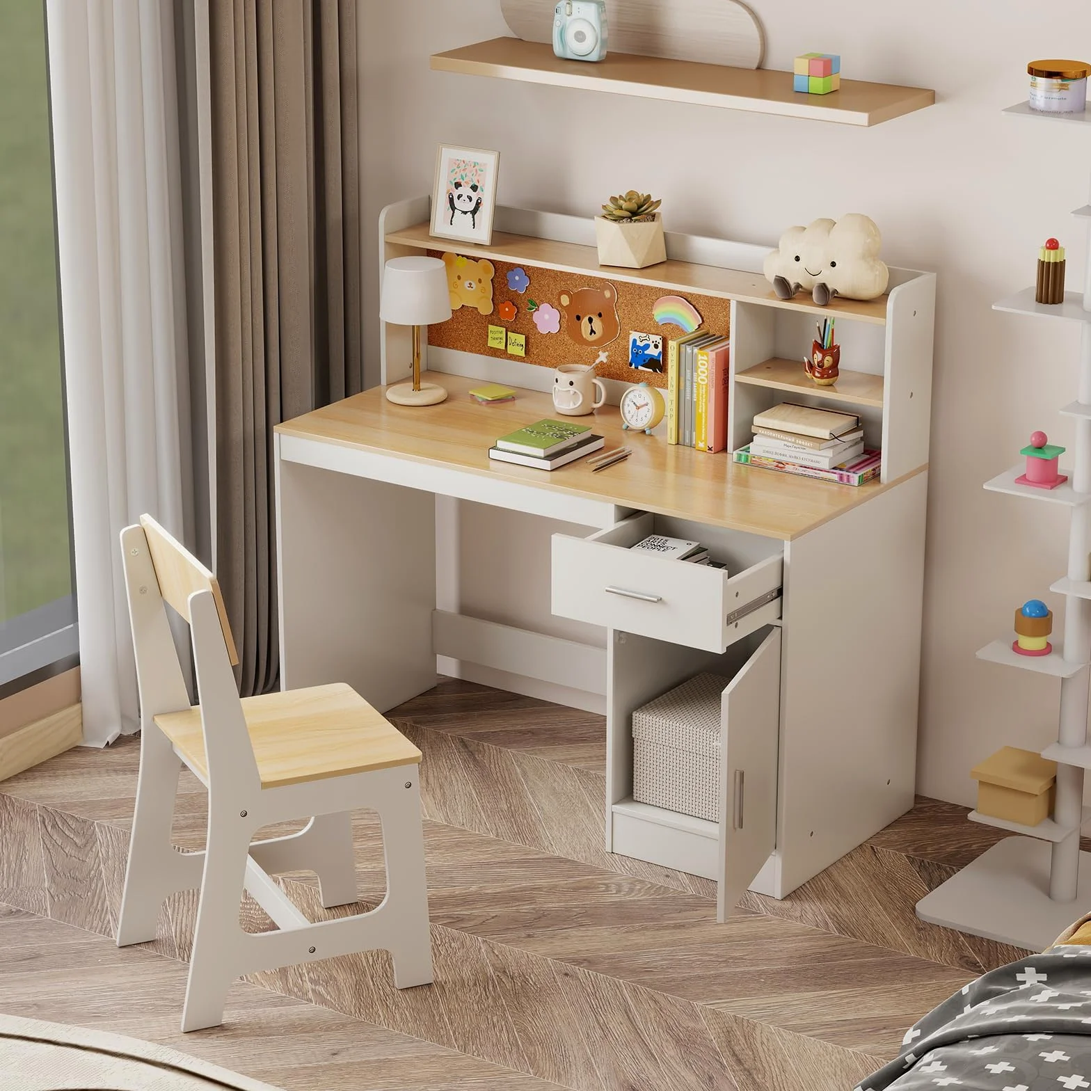 LIFEZEAL Ensemble de Table et Chaise pour Enfants, mobilier Multifonctionnel pour Enfants, Bureau avec étagère, tiroir, Armoire, Tableau en liège, Tabouret Ergonomique avec Dossier incliné (Naturel)