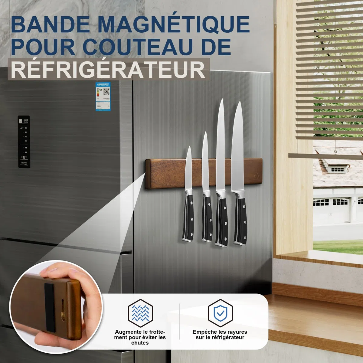 ENOKING Porte Couteaux Aimanté, Barre Aimantée Porte Couteaux de Cuisine avec 4 Crochets, 40cm Porte Couteaux de Cuisine Mural en Bois avec Aimant Extra Puissant pour range couteaux