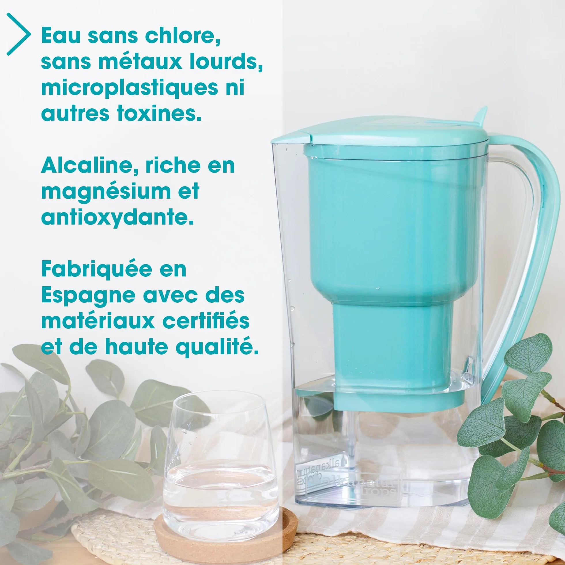 Carafe Filtrante Charbon Actif Eau Maison Alkanatur avec Filtre Basse Émission Sans Resine Ajoute Magnesium Fabrication Europeenne pH 9 Capacité 1.4L Water Filter Jug Hydrogène Élimine Métaux