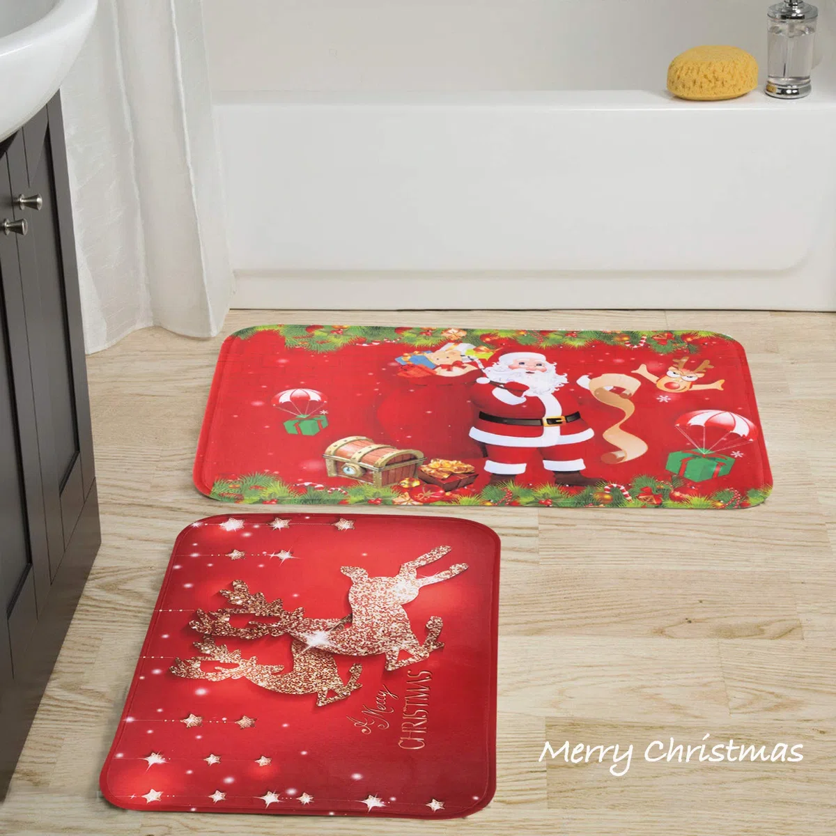 BHGT 2PCS Tapis de Noël Paillassons Tapis de Passage Antidérapante Carpettes pour Salon Bain Cuisine Décoration Maison Chambre (Père Noël + Renne)