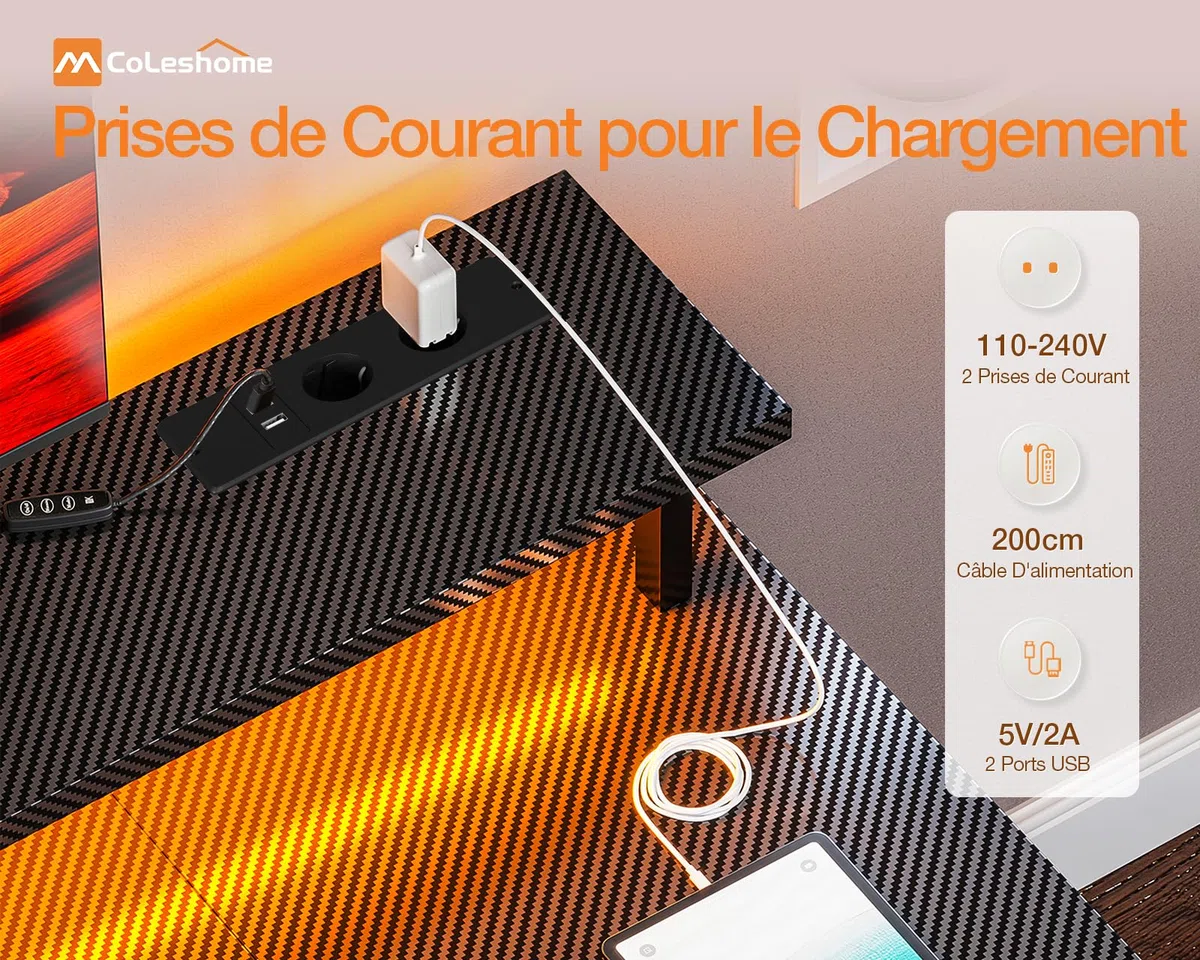 Coleshome Bureau Gaming avec éclairage LED, 120x50cm Bureau Ordinateur avec 2 Prises électriques & 2 Ports USB, Bureaux Informatique avec Support d'écran, Petit Bureaux à Domicile, Noir Carbone