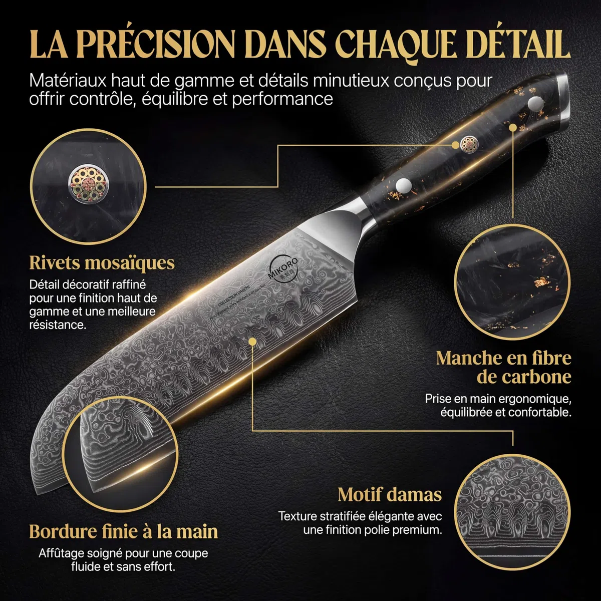MIKORO Couteau de Cuisine Santoku Japonais 18cm - Acier Damas 67 Couches - Professionnel Ultra Tranchant - Manche Carbone - Coffret Cadeau Premium