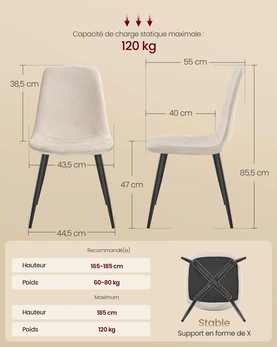 VASAGLE Chaises de Salle à Manger, Lot de 4, Support Métallique, Pieds Réglables, Nettoyage Facile, Chaises de Cuisine, Tissu Chenille, PU Texturé Glacé, Blanc Crème KDC188W01