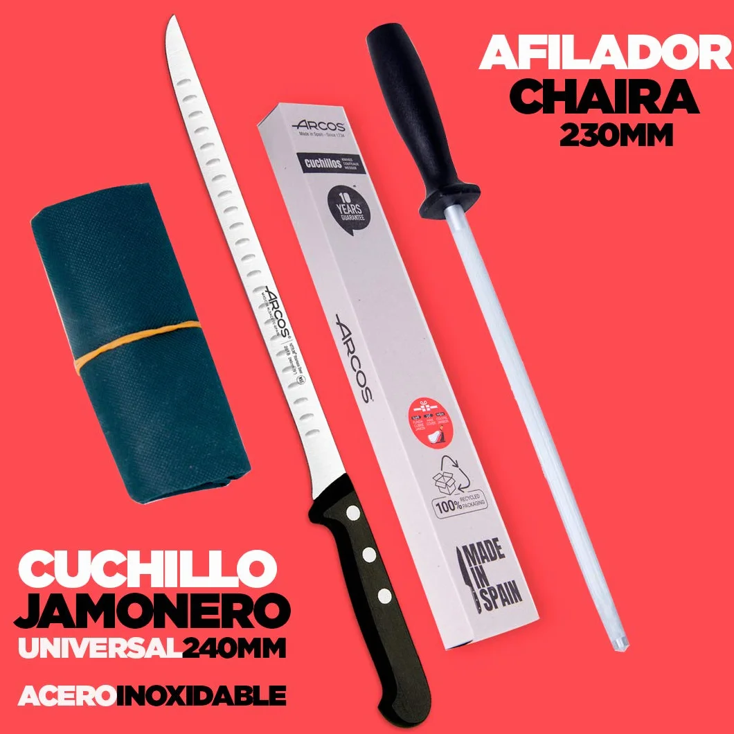 Arcos | Ensemble de 3 couteaux à jambon | Couteau à jambon en acier inoxydable Nitrum, affûteur et étui | Set de couteaux à jambon | Couteau à jambon professionnel | Écologique | Fabriqué en Espagne