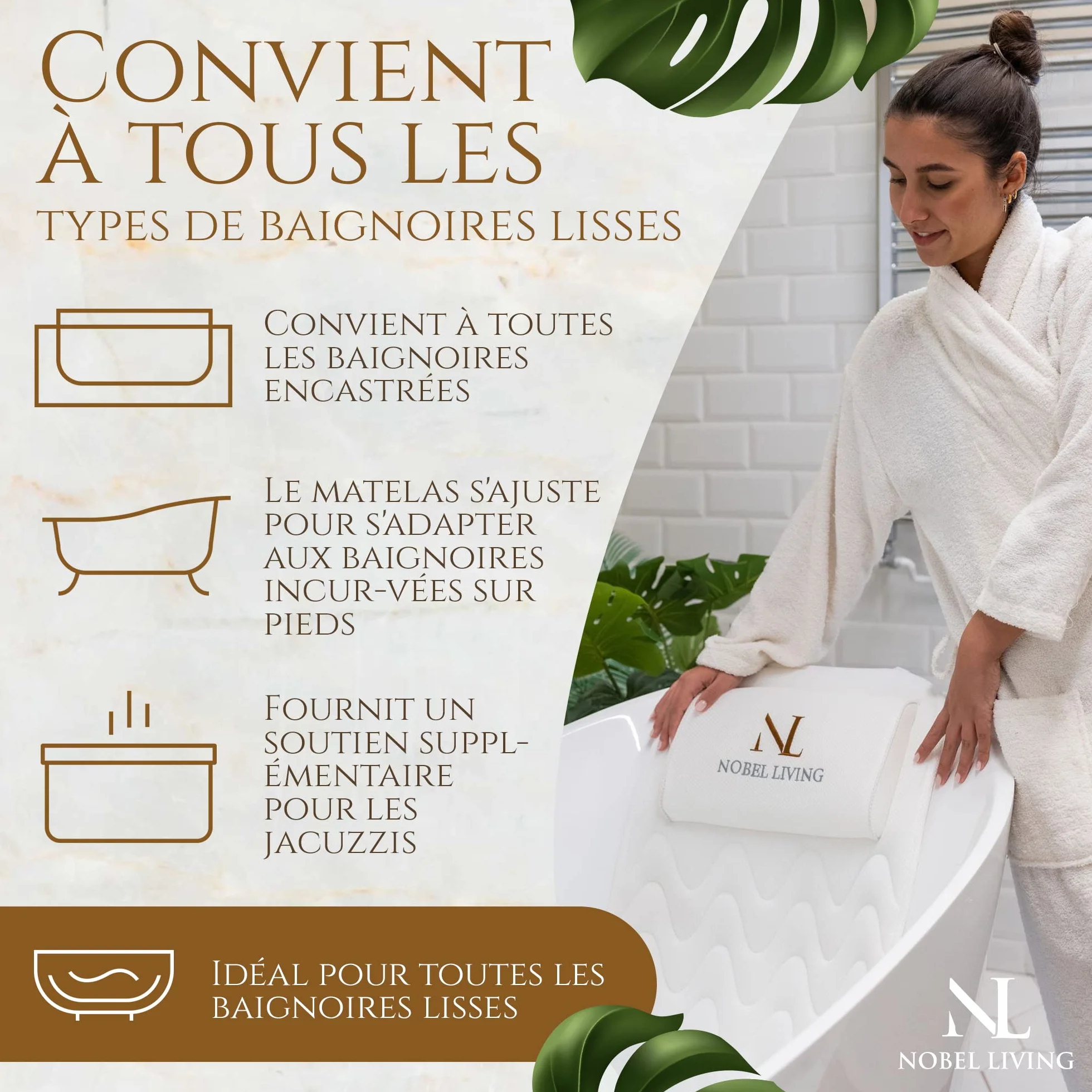 Coussin Baignoire Corps Complet Claessonliving 125x43cm Matelas de Bain avec appuie-tête et Supports pour Le Corps Blanc