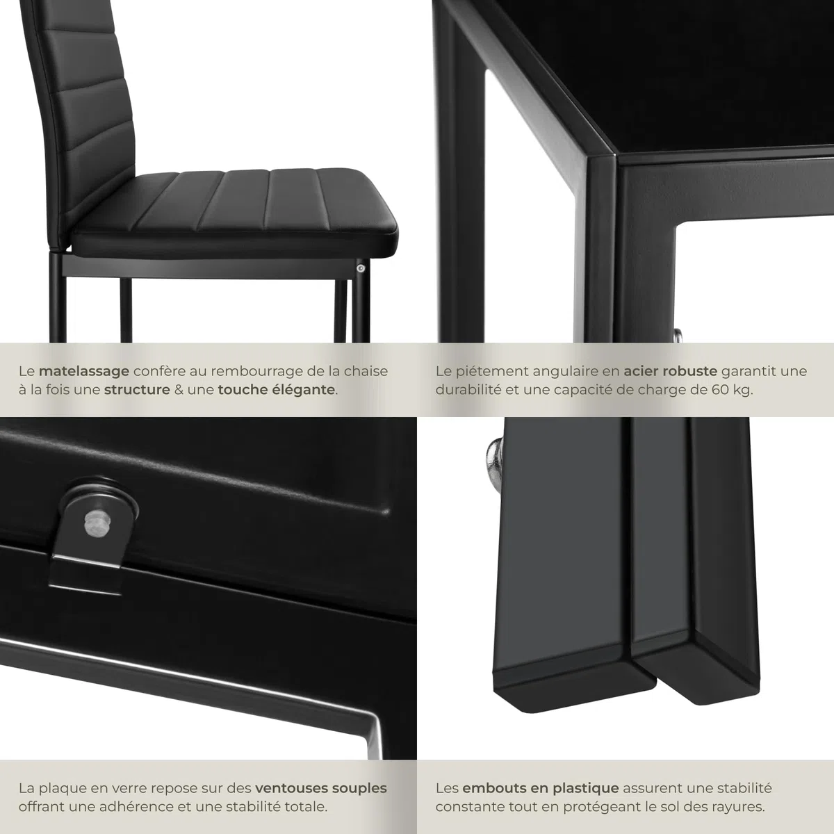 tectake Ensemble Table Salle à Manger avec 4 Chaises Design, Chaise Confortable en Cuir synthtétique, Table rectangulaire Robuste avec Plateau en Verre trempé - Noir