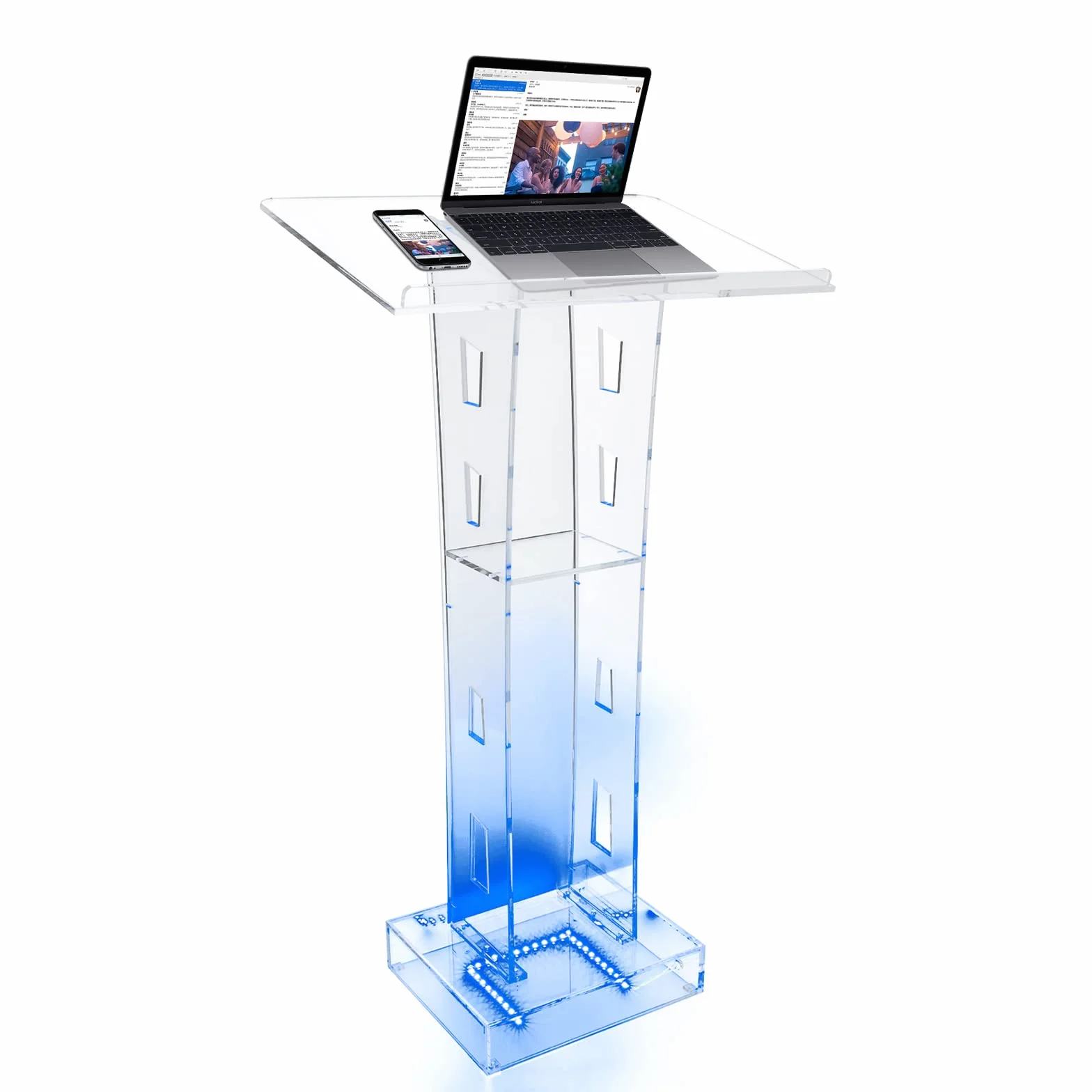 Lucite Podium en acrylique transparent avec lumière LED bleue 100 cm