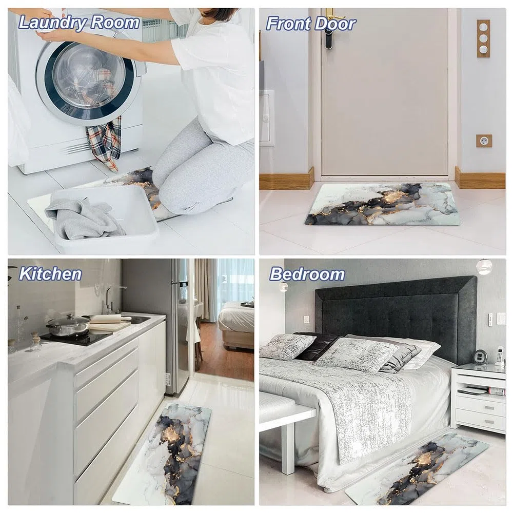 Mrcrypos Lot de 2 tapis de cuisine de luxe en marbre noir et doré en cuir PVC, imperméable, antidérapant, rembourré, anti-fatigue, tapis de cuisine confortables pour sol, évier, buanderie, bureau,